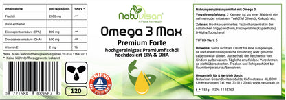 Etikett einer Omega-3-Fischöl-Weichkapsel-Dose – Hochreines Fischöl mit EPA und DHA, zur Unterstützung von Herz, Gehirn und Immunfunktion. 110 Kapseln.