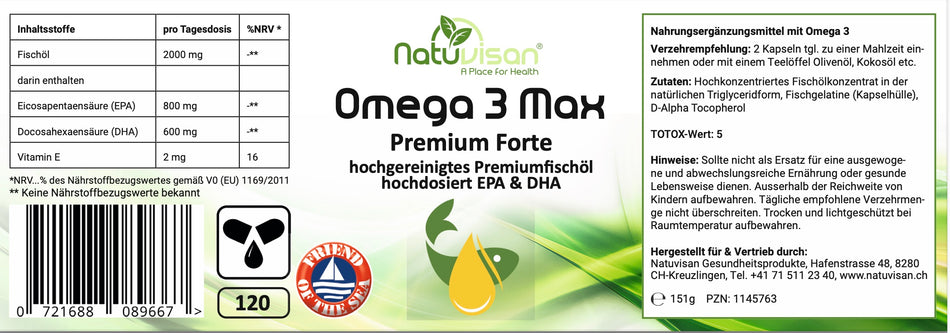 Etikett einer Omega-3-Fischöl-Weichkapsel-Dose – Hochreines Fischöl mit EPA und DHA, zur Unterstützung von Herz, Gehirn und Immunfunktion. 110 Kapseln.