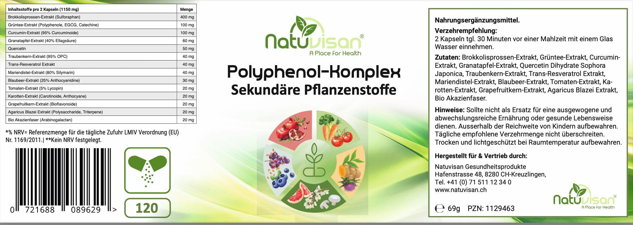 Visualisierung der Interaktion zwischen Polyphenolen und Darmflora – zeigt, wie pflanzliche Polyphenole wie OPC, Quercetin oder Curcumin die Darmbakterienvielfalt fördern, Akkermansia muciniphila unterstützen und durch Fermentation in bioaktive Metaboliten umgewandelt werden.