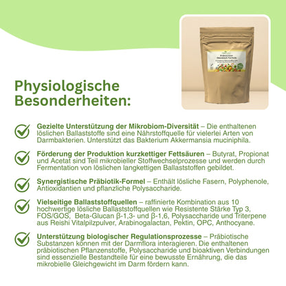Visualisierung der Fermentation löslicher Ballaststoffe im Dickdarm zur Bildung von Butyrat, Acetat und Propionat – kurzkettige Fettsäuren, die als Energiequelle für Darmzellen dienen und zur Immunregulation beitragen.