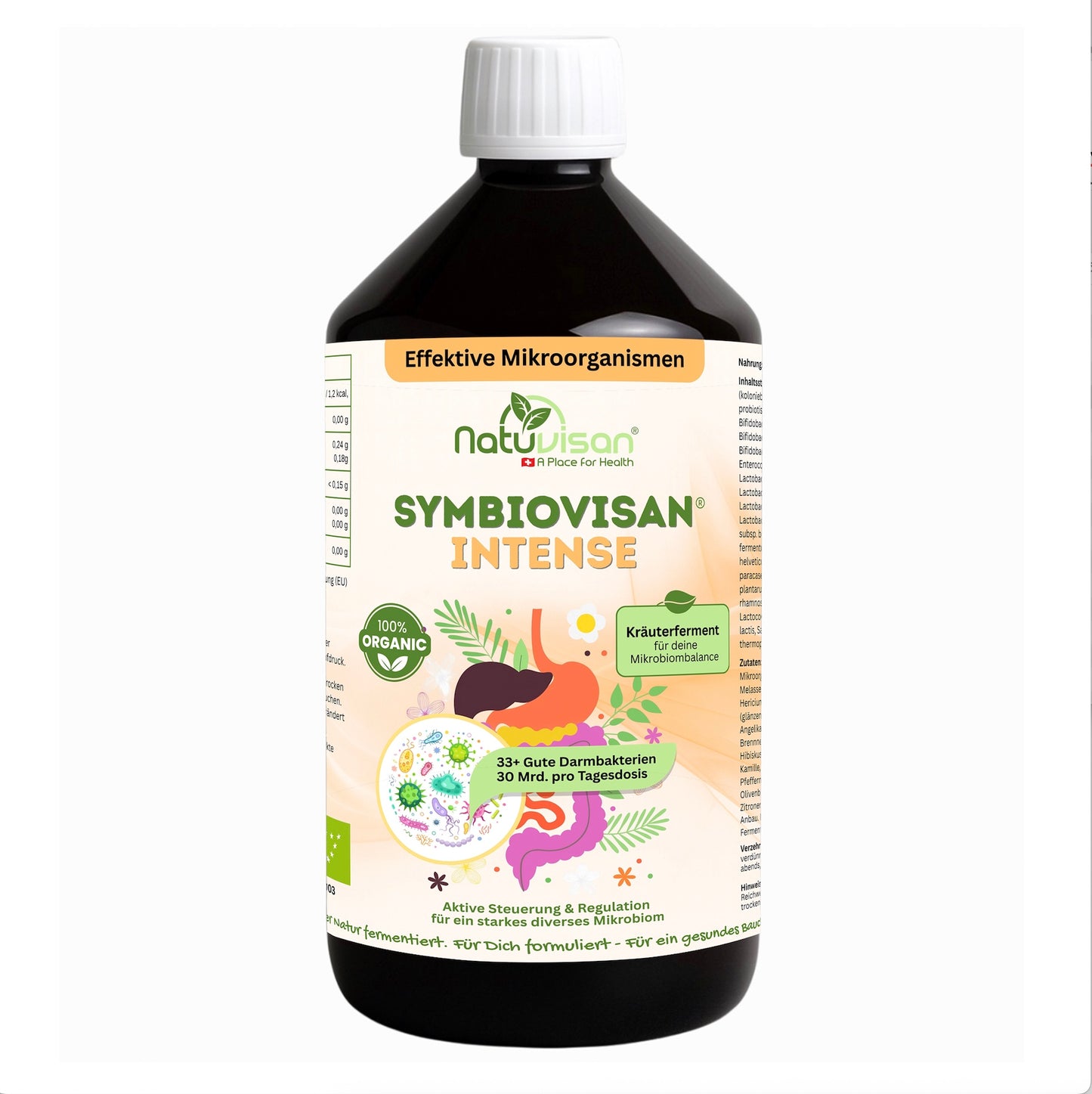 Symbiovisan® Intense – natürlich fermentiertes Mikrobiom-Elixier mit frischer Molke, 33+ aktiven Mikroorganismen und 25 Bio-Kräutern zur Unterstützung der Darmbalance und inneren Mitte. Entwickelt für Menschen mit Blähbauch und empfindlicher Verdauung.