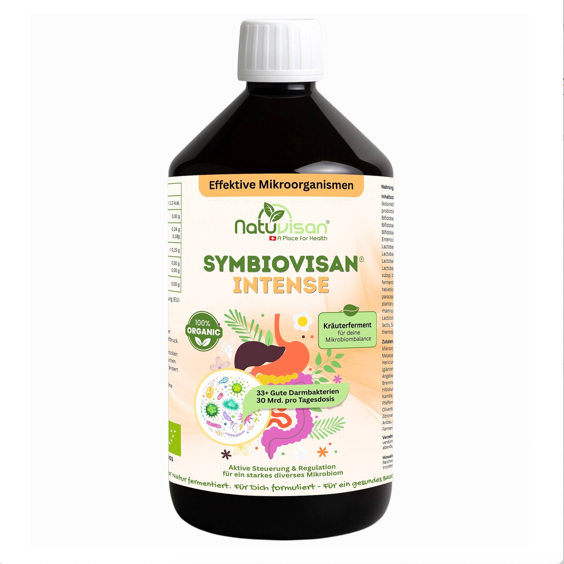 Symbiovisan® Intense – natürlich fermentiertes Mikrobiom-Elixier mit frischer Molke, 33+ aktiven Mikroorganismen und 25 Bio-Kräutern zur Unterstützung der Darmbalance und inneren Mitte. Entwickelt für Menschen mit Blähbauch und empfindlicher Verdauung.