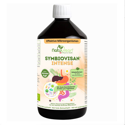 Symbiovisan® Intense – natürlich fermentiertes Mikrobiom-Elixier mit frischer Molke, 33+ aktiven Mikroorganismen und 25 Bio-Kräutern zur Unterstützung der Darmbalance und inneren Mitte. Entwickelt für Menschen mit Blähbauch und empfindlicher Verdauung.