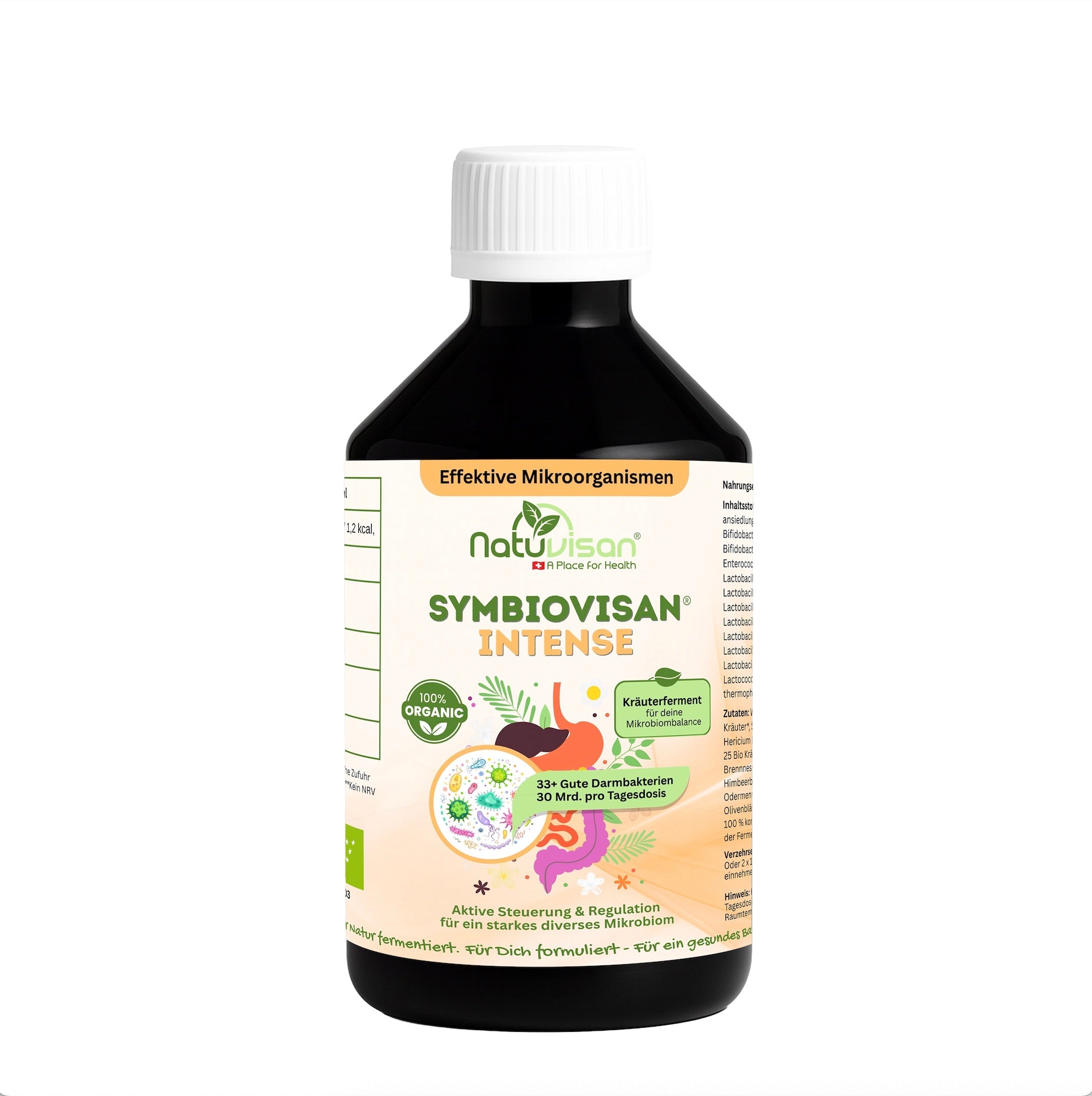 Symbiovisan® Intense – Bio-fermentiertes Mikrobiom-Elixier mit 33 Bakterienstämmen & 25 Kräutern für Balance bei Blähbäuchen.
