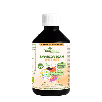 Symbiovisan® Intense – Bio-fermentiertes Mikrobiom-Elixier mit 33 Bakterienstämmen & 25 Kräutern für Balance bei Blähbäuchen.

