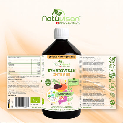 NATUVISAN Symbiovisan® Intense Mikrobiom-Elixier – Bio-Ferment mit 33 koloniebildenden Bakterienstämmen, frischer Molke, Reishi, Hericium und 25 Bio-Kräutern. Hergestellt in Deutschland, histaminfrei, zur ernährungsphysiologischen Unterstützung von Darm und Mikrobiom.
