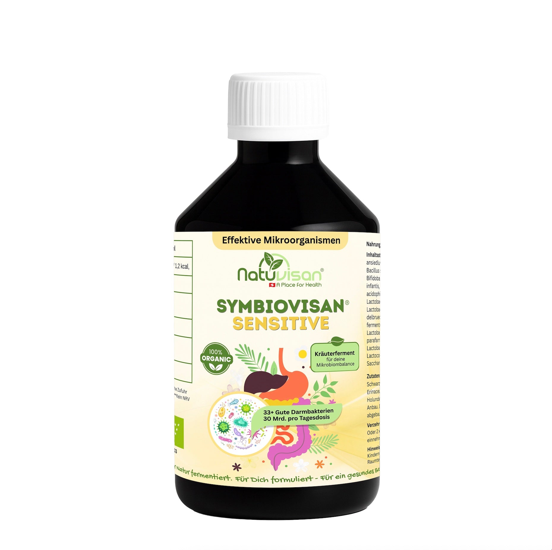 Symbiovisan® Sensitive – Sanft fermentiertes Mikrobiom-Elixier mit effektiven Mikroorganismen und Bio-Kräutern für sensible Bäuche.
