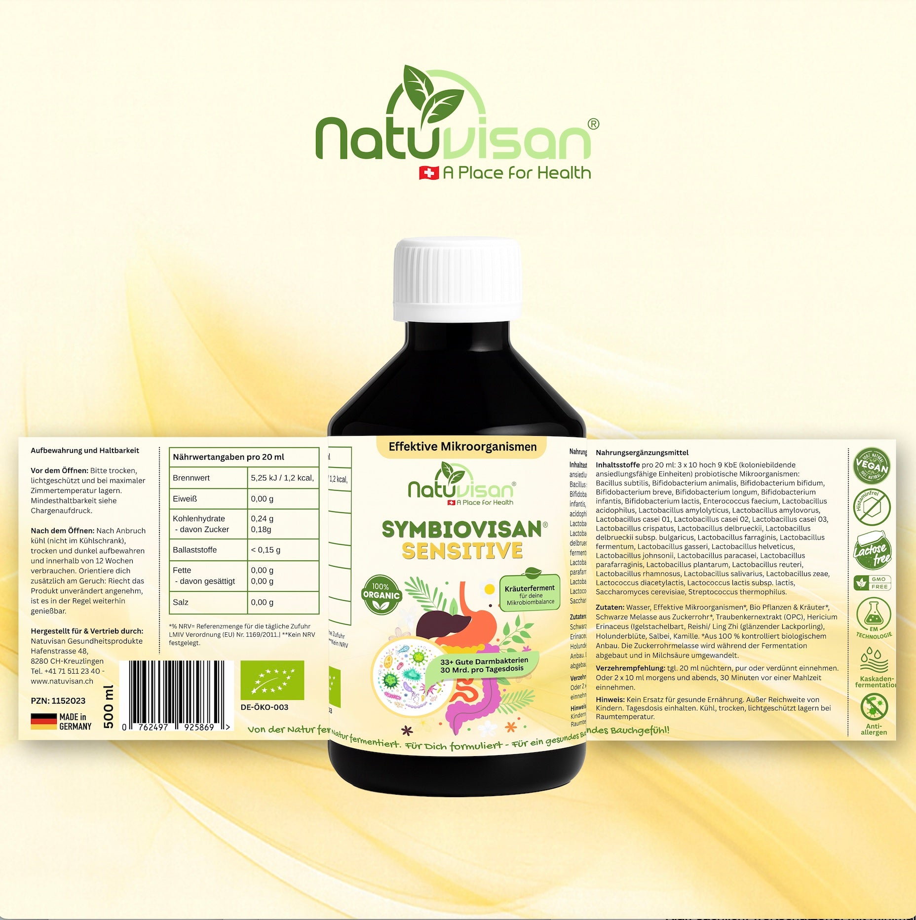 NATUVISAN Symbiovisan® Sensitive – Flüssigferment mit 33+ aktiven Bakterienstämmen, Holunderblüte, Kamille & Salbei zur Unterstützung der Darmbalance.
