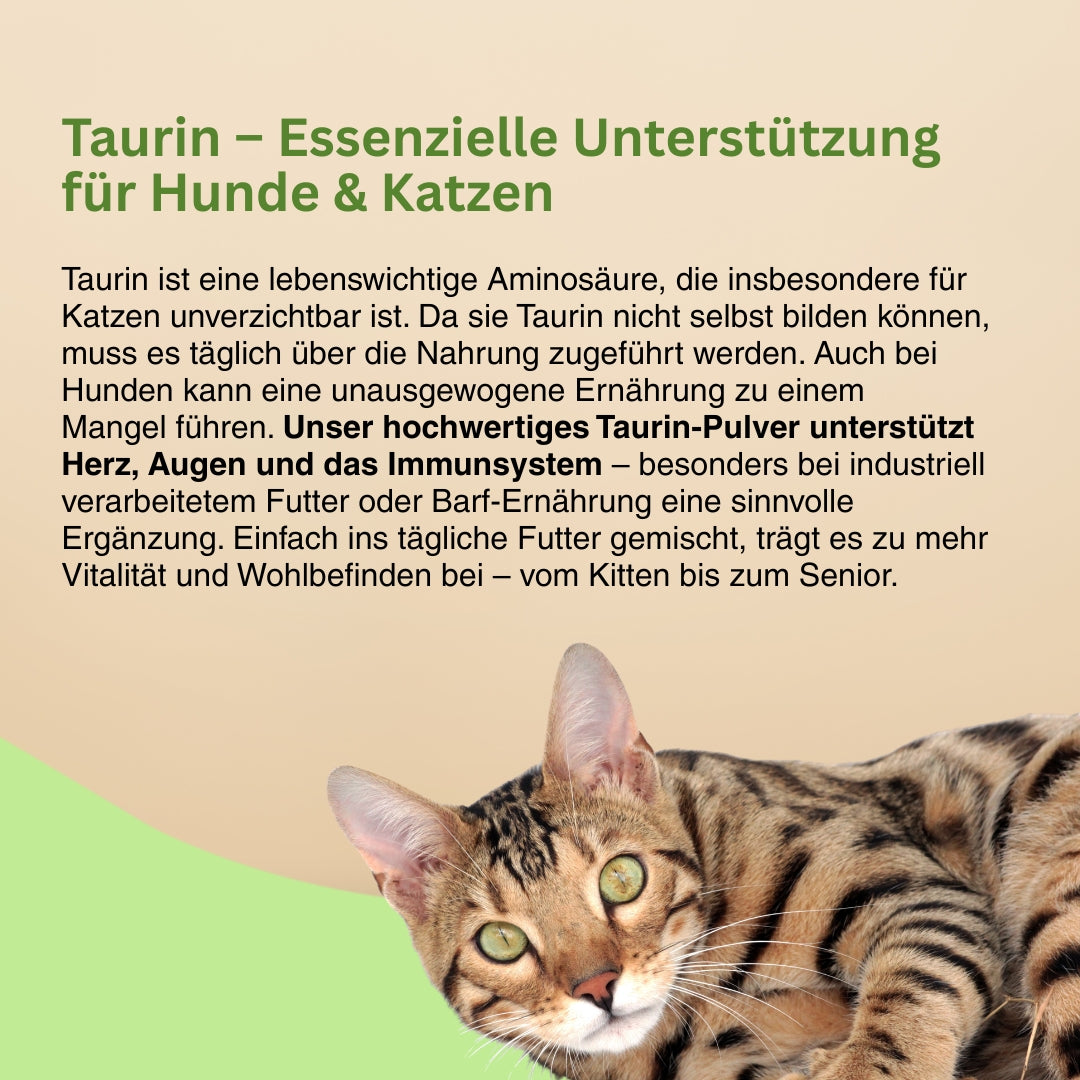 Taurin Pulver für Katzen und Hunde – unverzichtbar für die Netzhaut, Herzmuskelkraft und Vitalität, stärkt zudem die Abwehrkräfte und den Stoffwechsel.
