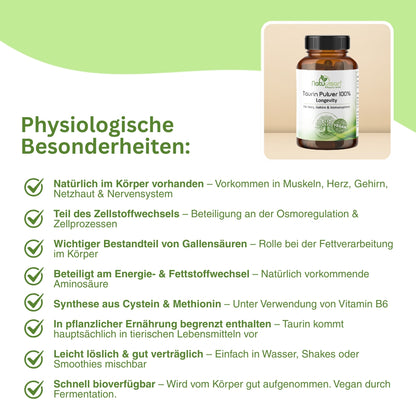 Infografik zur Rolle von Taurin im Fett- und Energiestoffwechsel – veranschaulicht die Beteiligung an biologischen Prozessen wie der Regulation des Wasserhaushalts, der Zellstabilität und der Verarbeitung von Fetten durch Gallensäuren.