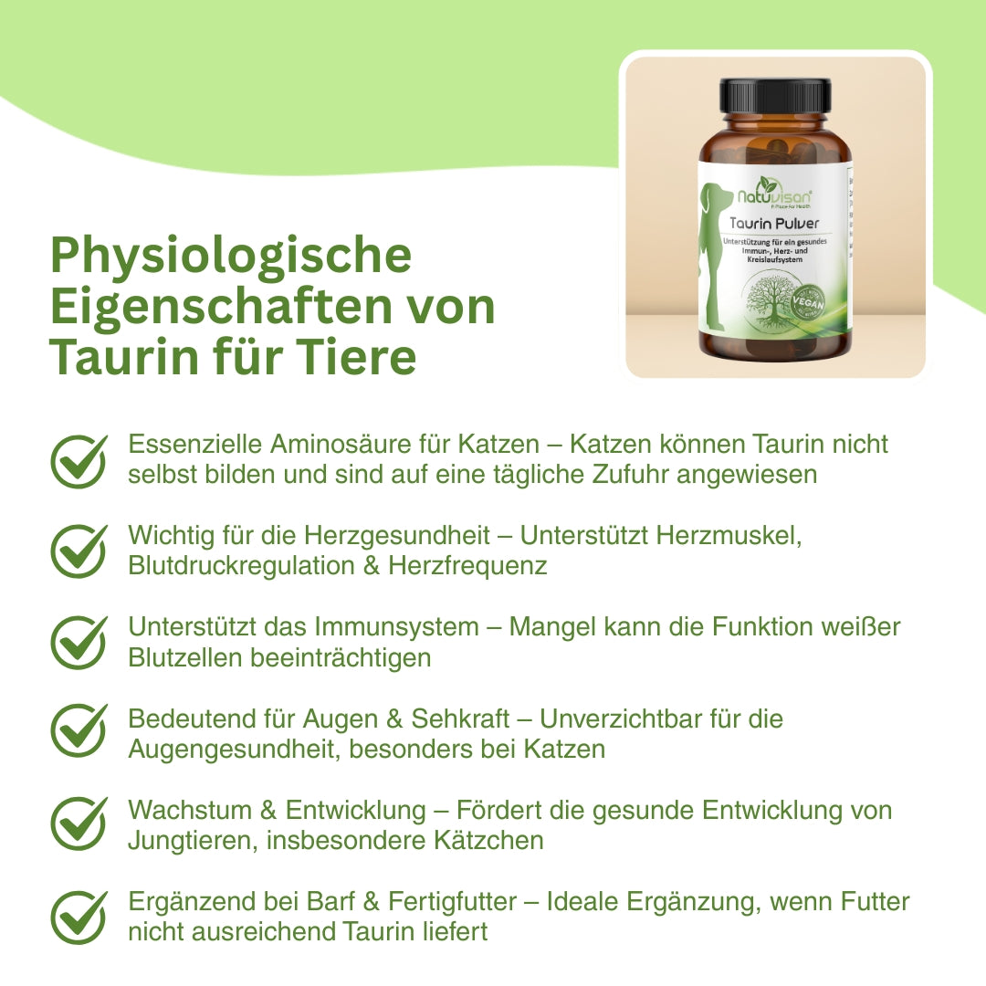 Natürliches Taurin Pulver für Hunde und Katzen – essentielle Aminosäure für gesunde Augen, Herz-Kreislauf, Energiehaushalt und ein starkes Nervensystem.