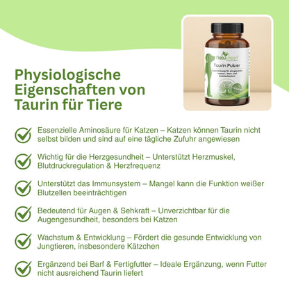 Natürliches Taurin Pulver für Hunde und Katzen – essentielle Aminosäure für gesunde Augen, Herz-Kreislauf, Energiehaushalt und ein starkes Nervensystem.