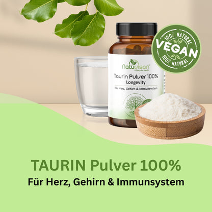 Darstellung der natürlichen Taurin-Vorkommen im Körper – zeigt hohe Konzentrationen in Muskeln, Gehirn, Herz und Nervensystem sowie die Beteiligung an Zellstoffwechsel, Osmoregulation und Gallensäurebildung.