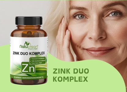 Produktbild der Natuvisan Zink Duo Komplex Kapseln – eine ideale Kombination aus zwei hochwertigen Zinkformen zur gezielten Unterstützung deines Immunsystems.