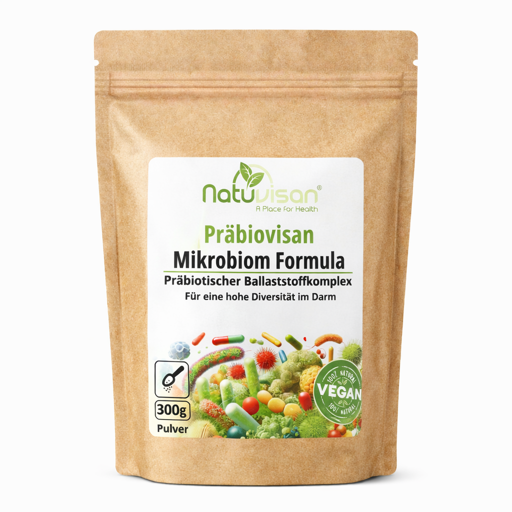 Natuvisan Präbiovisan – hochwertiges Präbiotikum mit 10 löslichen Ballaststoffquellen, darunter resistente Stärke, Akazienfaser, Citruspektin und Beta-Glucane zur gezielten Unterstützung der Darmflora und Förderung der Mikrobiom-Diversität.