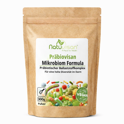 Natuvisan Präbiovisan – hochwertiges Präbiotikum mit 10 löslichen Ballaststoffquellen, darunter resistente Stärke, Akazienfaser, Citruspektin und Beta-Glucane zur gezielten Unterstützung der Darmflora und Förderung der Mikrobiom-Diversität.