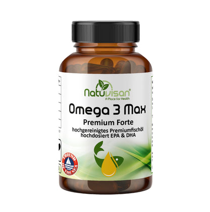 Braune Glasdose mit Omega-3-Fischöl-Weichkapseln – Hochreines Fischöl mit EPA und DHA zur Unterstützung von Herzgesundheit, Gehirnfunktion und Immunsystem. Elegantes Apothekerglas mit Schraubdeckel.