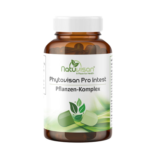 Phytovisan Pro Intest – pflanzlicher Kräuterkomplex mit 11 natürlichen Inhaltsstoffen wie fermentiertem Knoblauch, Papaya, Walnuss und Curcuma zur Unterstützung von Verdauung, Mikrobiom und Enzymaktivität.