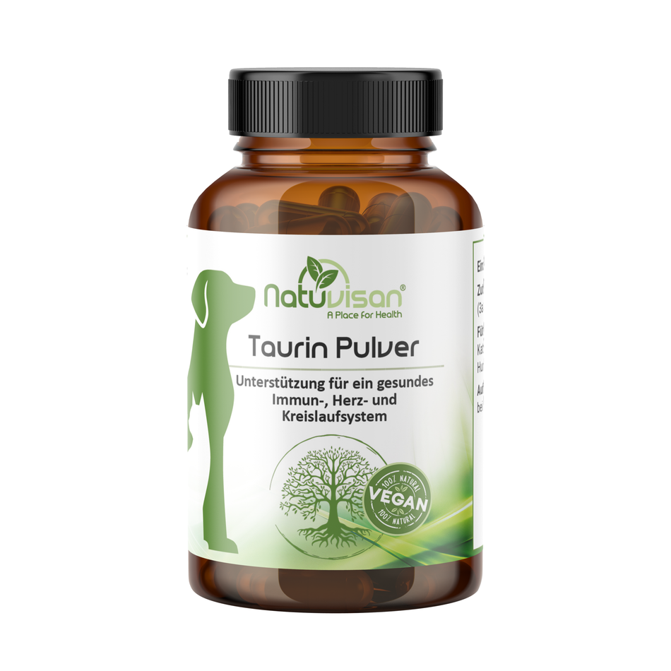 TAURIN 100% rein für Hund & Katze - 150g PulverTaurin ist eine Aminosäure, die für Tiere, insbesondere Katzen, essenziell ist. Taurin kommt natürlicherweise in Fleisch und Fisch vor und wird oft auch Tierfutter a