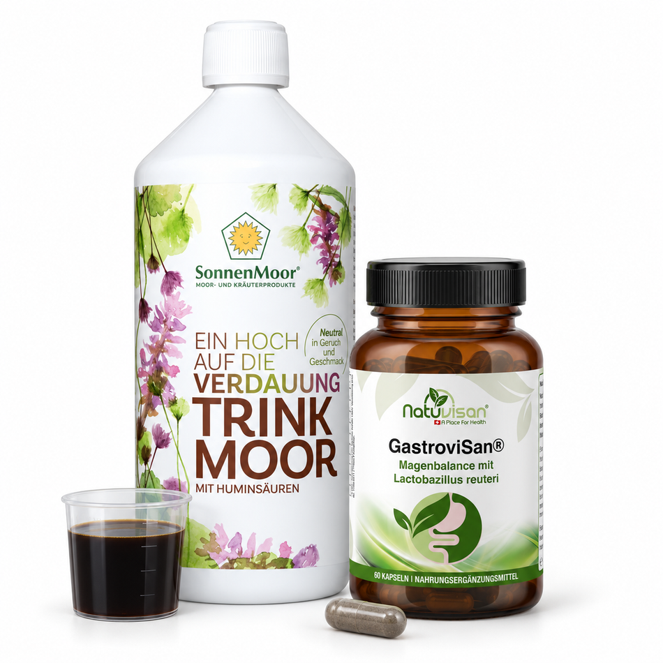 Magen Balance Produktpaket für Magen und Verdauung mit GastroviSan Magenbalance Mikroben Komplex und SonnenMoor Trinkmoor.