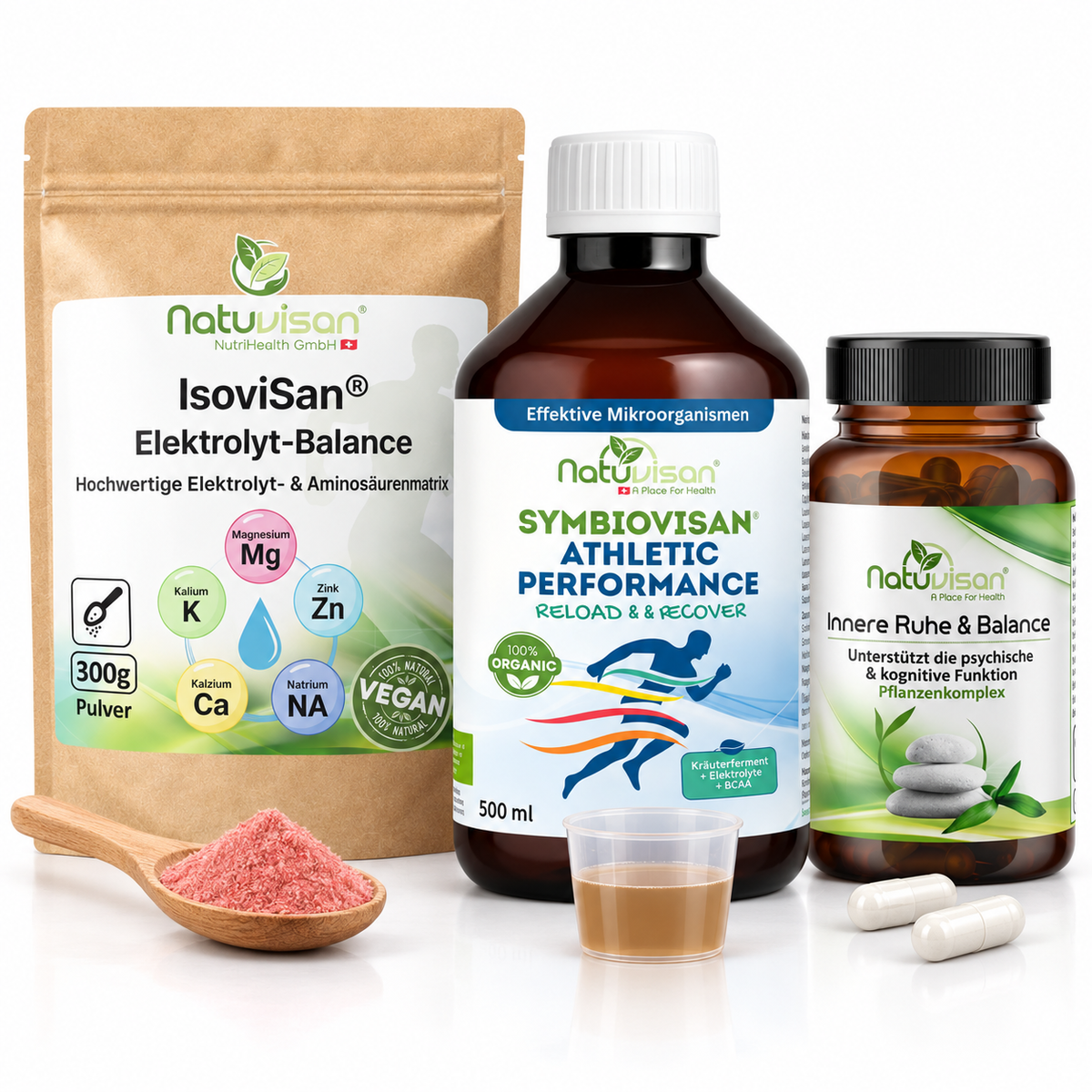 • Natuvisan Athletic und Mind Performance Konzept bestehend aus IsoviSan Elektrolyten, Symbiovisan Athletic Performance, Reload und Recover Komplex sowie Innere Ruhe und Balance Kapseln für Sportler und aktive Berufe.