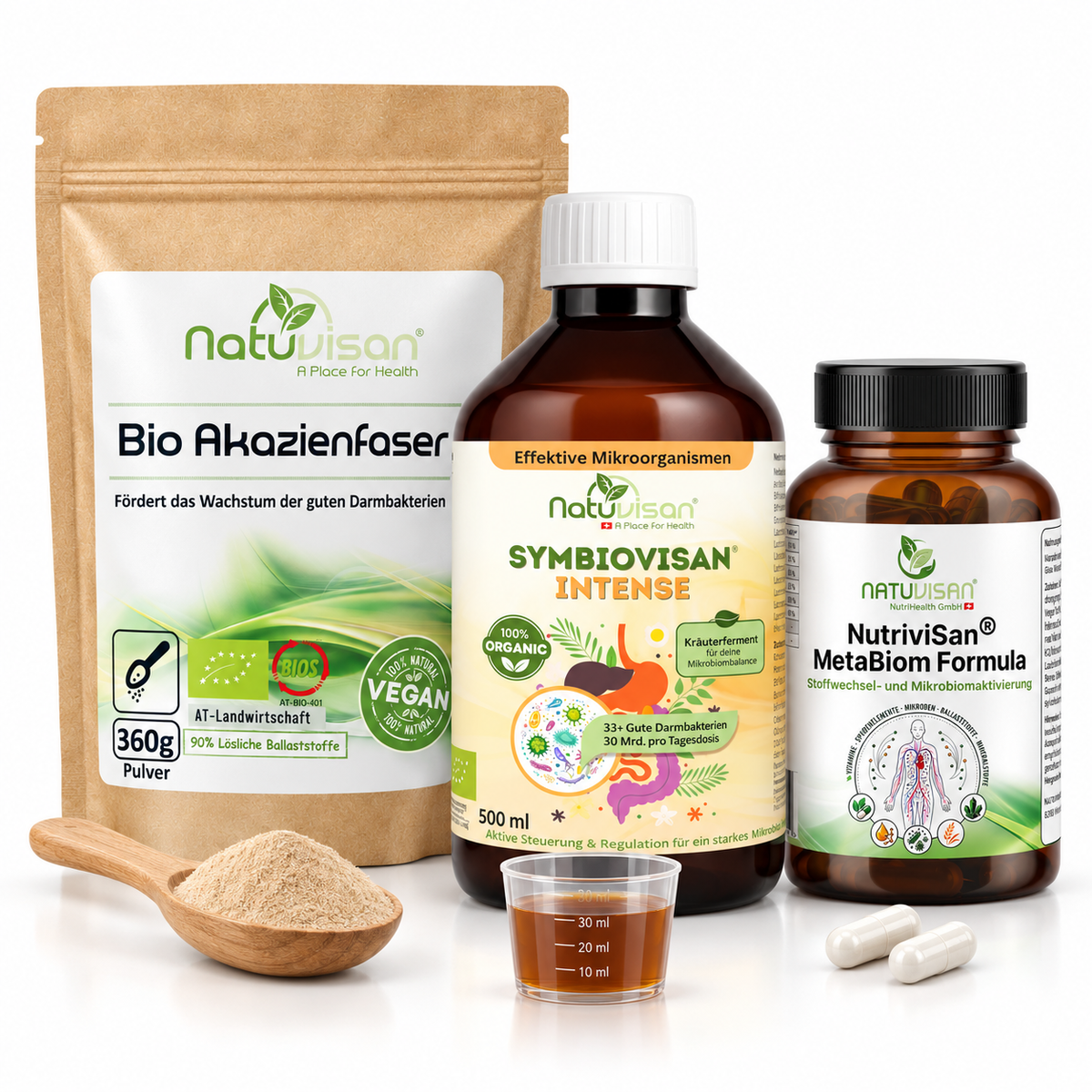 Natuvisan Darm-Schwung-Konzept bestehend aus Akazienfaser Pulver, Symbiovisan Intense Kapseln und Nutrivisan A-Z Vitamin Komplex für die Verdauung bei langem Sitzen.