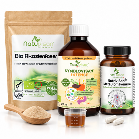 Natuvisan Darm-Schwung-Konzept bestehend aus Akazienfaser Pulver, Symbiovisan Intense Kapseln und Nutrivisan A-Z Vitamin Komplex für die Verdauung bei langem Sitzen.