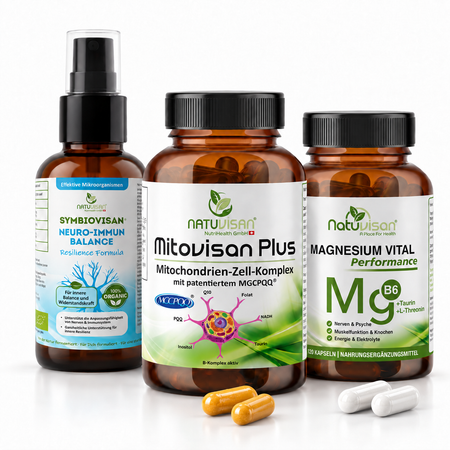 Natuvisan High-Performer Produkt-Bundle bestehend aus Symbiovisan Neuro-Immun Spray, Mitovisan Plus Kapseln und Magnesium Vital Performance Dosen für Fokus und Zellenergie im Beruf.