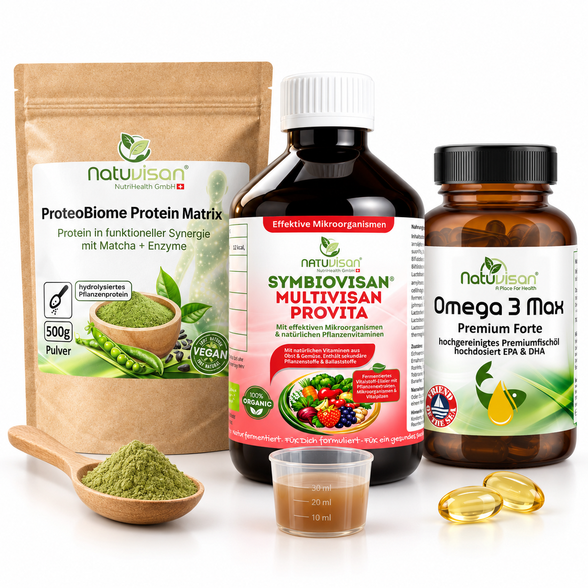 Natuvisan Kraft- und Aktiv-Konzept bestehend aus Proteobiome Eiweißpulver, Symbiovisan Multivisan Kapseln und Omega 3 Kapseln für körperlich arbeitende Berufe.