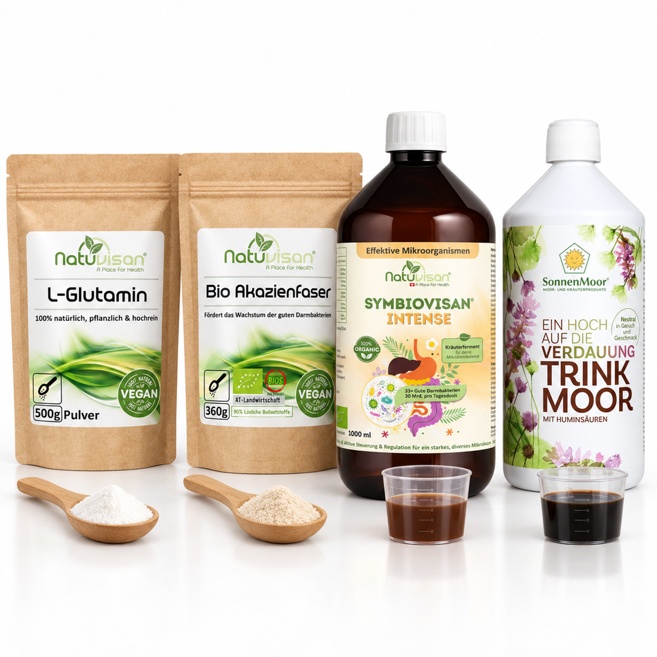 Darm Balance Intense Premium-Produktpaket für das Mikrobiom mit Symbiovisan Intense Elixier, Präbiovisan Formula, SonnenMoor Trinkmoor und L-Glutamin Pulver.