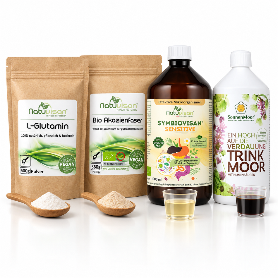 Magen- und Darm Balance Sensitive Produktpaket mit Symbiovisan Mikrobiom Elixier, Bio Akazienfaser, L-Glutamin Pulver und SonnenMoor Trinkmoor für ein gesundes Mikrobiom.