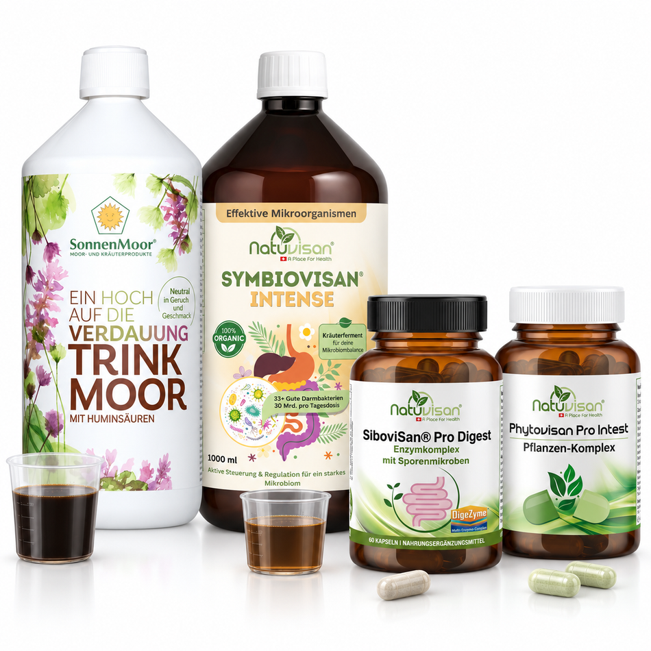 Dünndarm Balance Produktpaket mit SiboviSan, PhytoviSan, Symbiovisan Intense Elixier und SonnenMoor Trinkmoor für Verdauung und Mikrobiom.