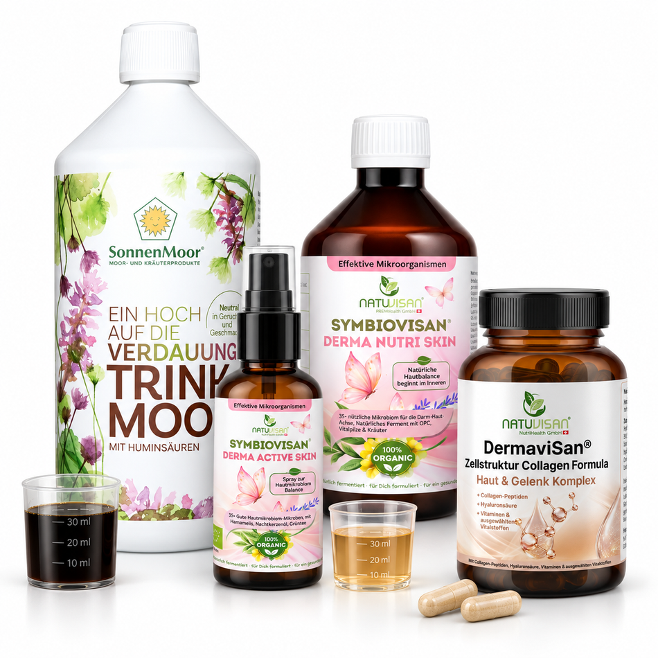 Haut Balance Produktpaket mit Derma Nutri Skin, DermaviSan, Derma Aktiv Skin Spray und SonnenMoor Trinkmoor für Haut, Schönheit und Mikrobiom.