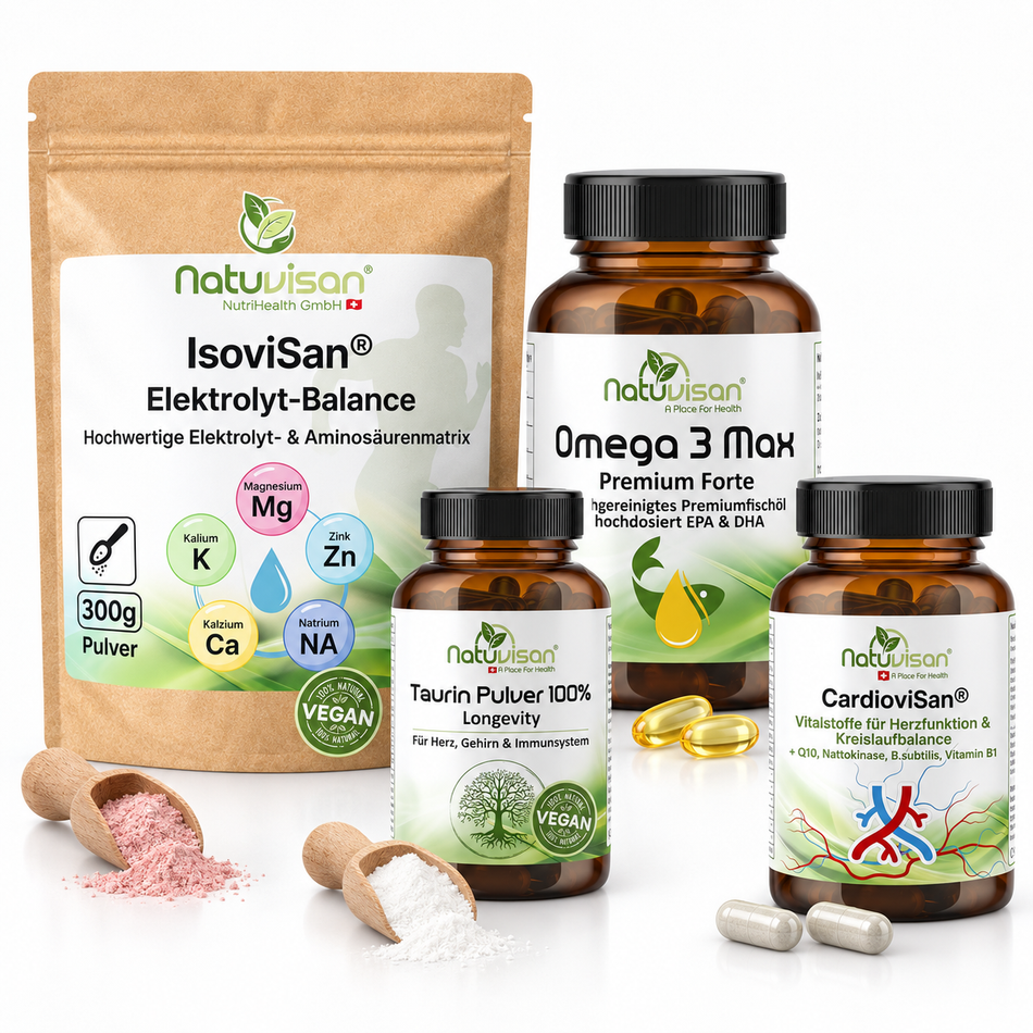 Herz Vitalität Balance Produktpaket mit CardioviSan, Omega-3 Fischöl hochdosiert, IsoviSan Elektrolyt-Komplex und Taurin Pulver für Herz und Kreislauf.