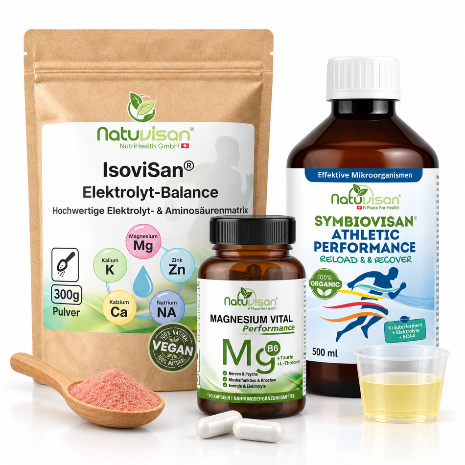 Hydration Balance Produktpaket für Sport und Regeneration mit IsoviSan Elektrolyte Matrix, Symbiovisan Bio Athletic Mikrobiom-Elixier und Magnesium Vital Performance Komplex.