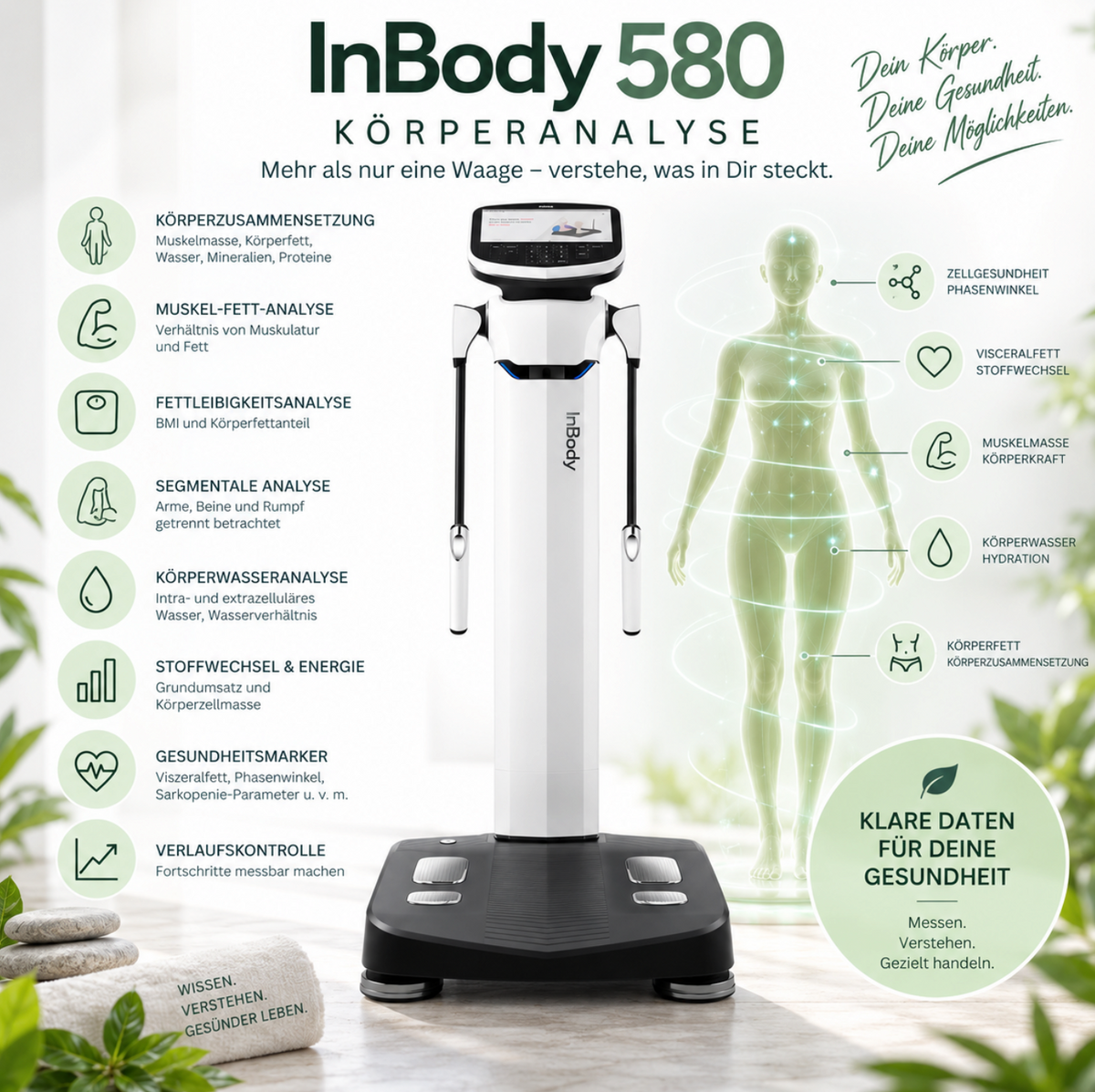 InBody 580 Körperanalyse zur Messung von Muskelmasse, Körperfett, Viszeralfett, Körperwasser, Phasenwinkel und Grundumsatz mit persönlicher Auswertung.
