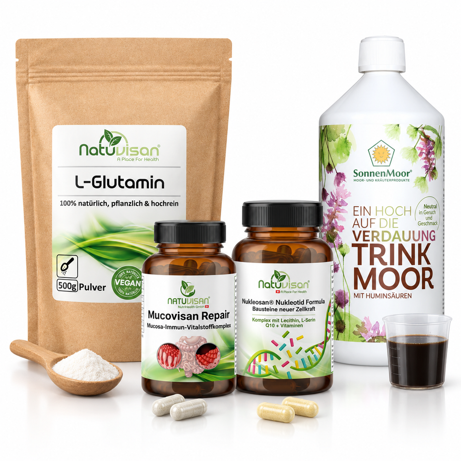 Mucosa Balance Premium-Produktpaket für die Darmschleimhaut mit Mucovisan Repair, Nukleosan Nukleotide Komplex, L-Glutamin Pulver und SonnenMoor Trinkmoor.