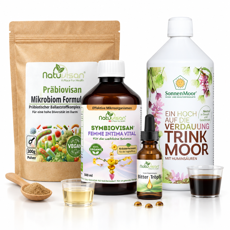 Östrobolom Balance Produktpaket für Frauen mit Symbiovisan Bio Femme Intima Vital, Präbiovisan Formula, SonnenMoor Trinkmoor und Bitter Tröpfli Bitterkräuter Komplex.