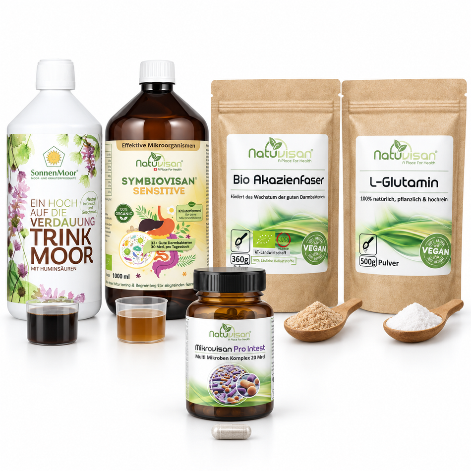 Pro Mikrobiom Balance Produktpaket mit MikroviSan, Symbiovisan, Bio Akazienfaser, L-Glutamin und SonnenMoor Trinkmoor zur Unterstützung der Darmflora.