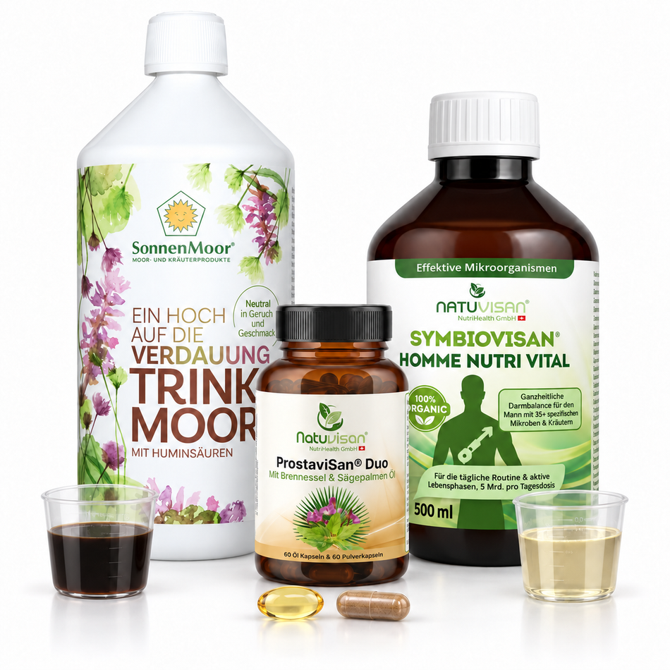 Prostata und Darm Balance Produktpaket für Männer mit Symbiovisan Bio Homme Nutri Vital, ProstaviSan und SonnenMoor Trinkmoor.