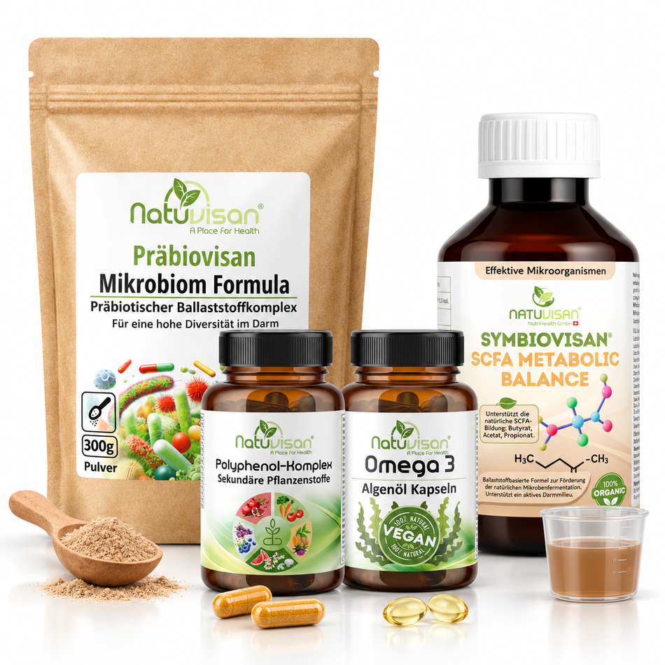 SCFA Postbiotic Balance Produktpaket für die Mikrobiom-Ernährung mit Symbiovisan Bio SCFA Metabolic, Präbiovisan Formula, Polyphenol Komplex und Omega-3 Algenöl Kapseln.