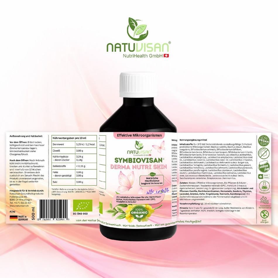 500 ml PET-Flasche SYMBIOVISAN DERMA Nutri Skin mit probiotischen Kulturen und fermentierten Bio-Pflanzen